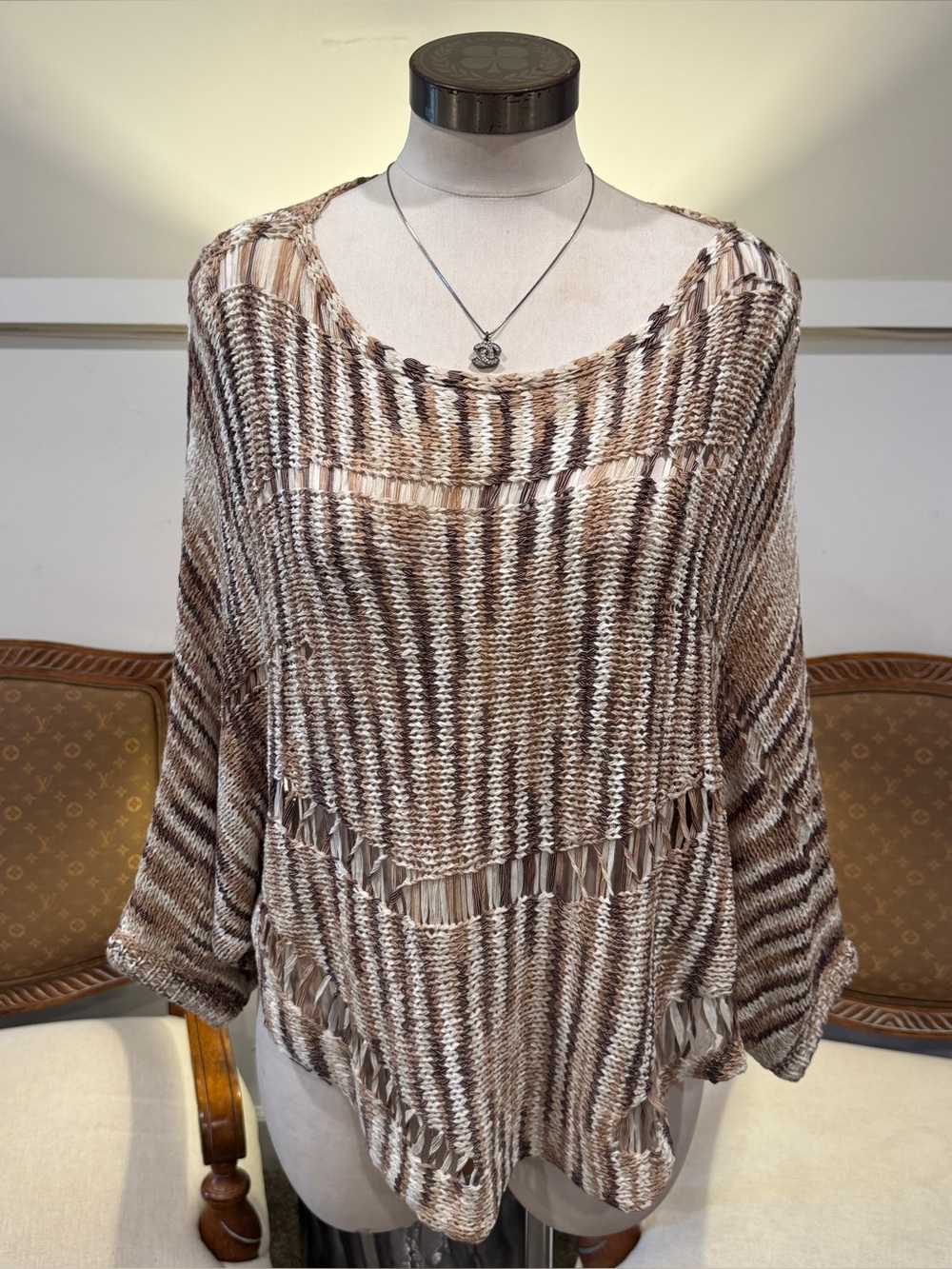 Boston Proper Brown & Cream Knit Openwork Women's Poncho Top Size L